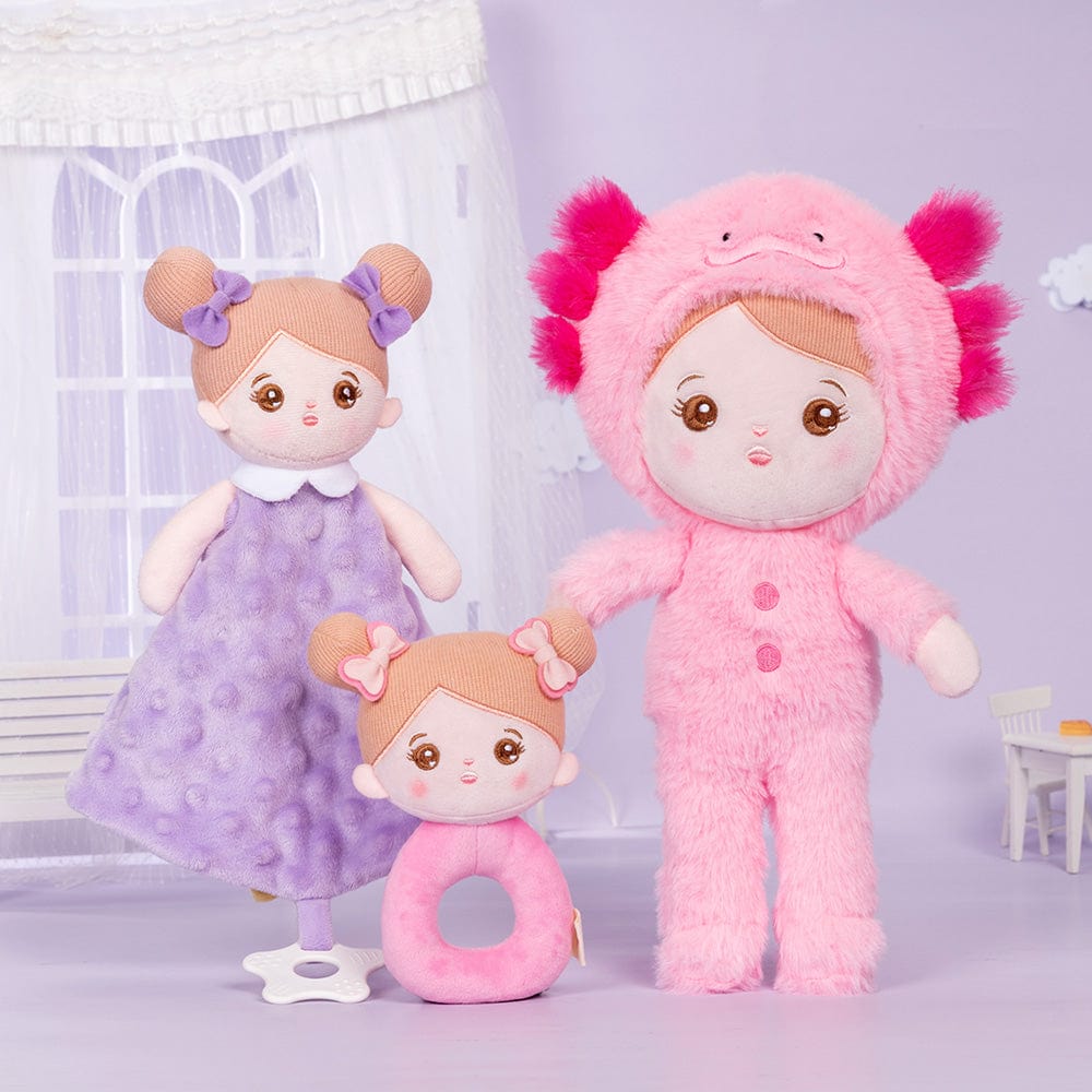 OUOZZZ Personalized Pink Newt Plush Baby Doll With Rattle & Towel🔔