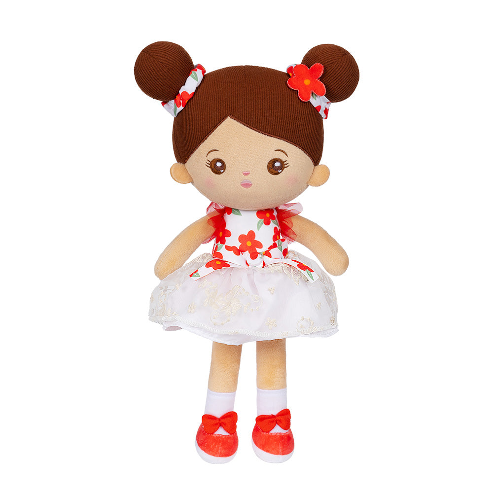 Personalized Brown Skin Tone White Floral Dress Plush Baby Girl Doll