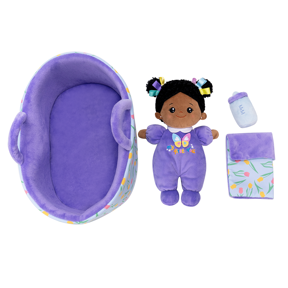Personalized Purple Deep Skin Tone Mini Plush Baby Doll & Gift Set