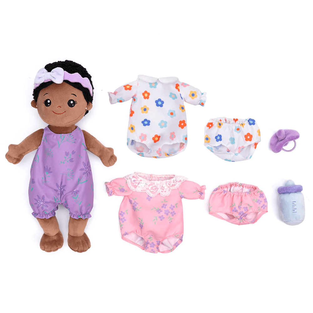 Personalizedoll Personalized Plush Lite Baby Girl Doll (Interchangeable Clothes) Deep Skin Girl / Dress-up set