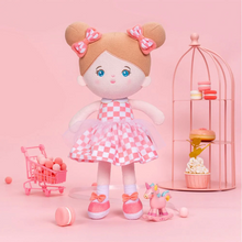 Load image into Gallery viewer, Personalized Pink Plaid Skirt Girl Doll + Cloth Basket Gift Set