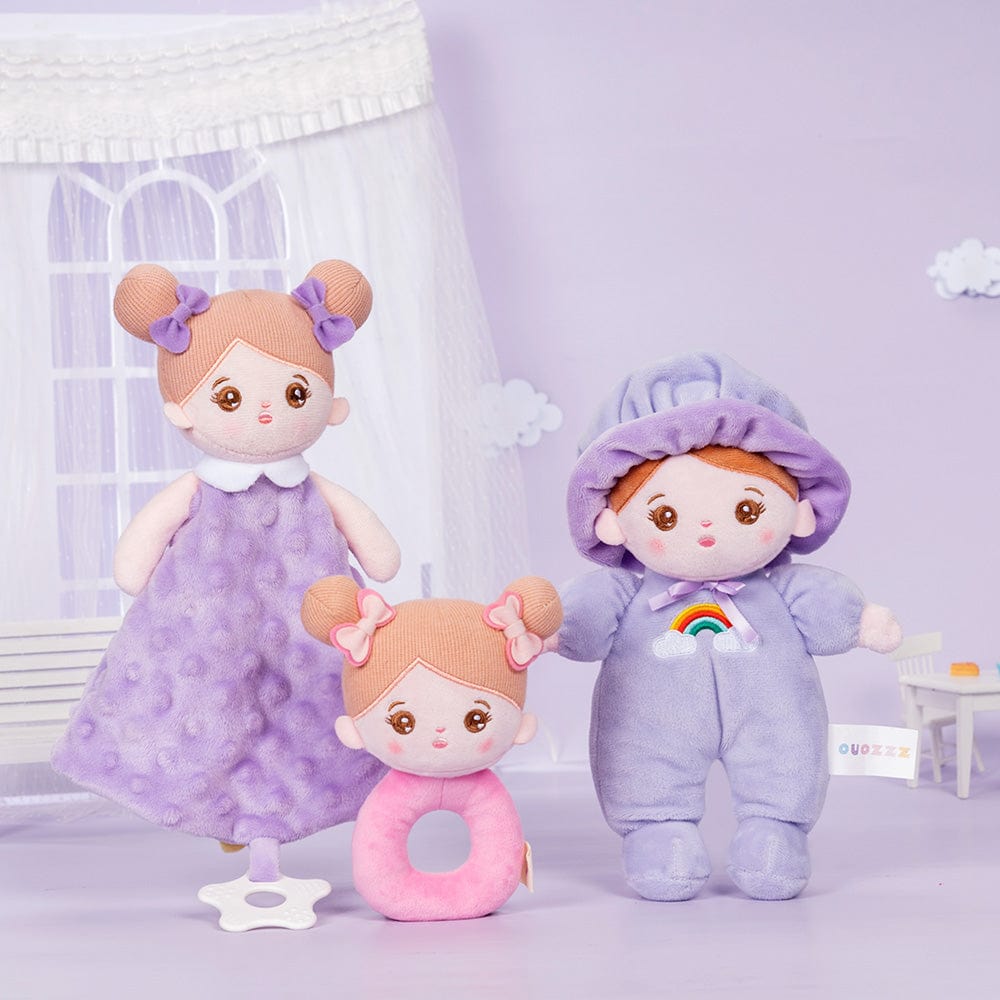 OUOZZZ Personalized Purple Mini Plush Rag Baby Doll With Rattle & Towel🔔