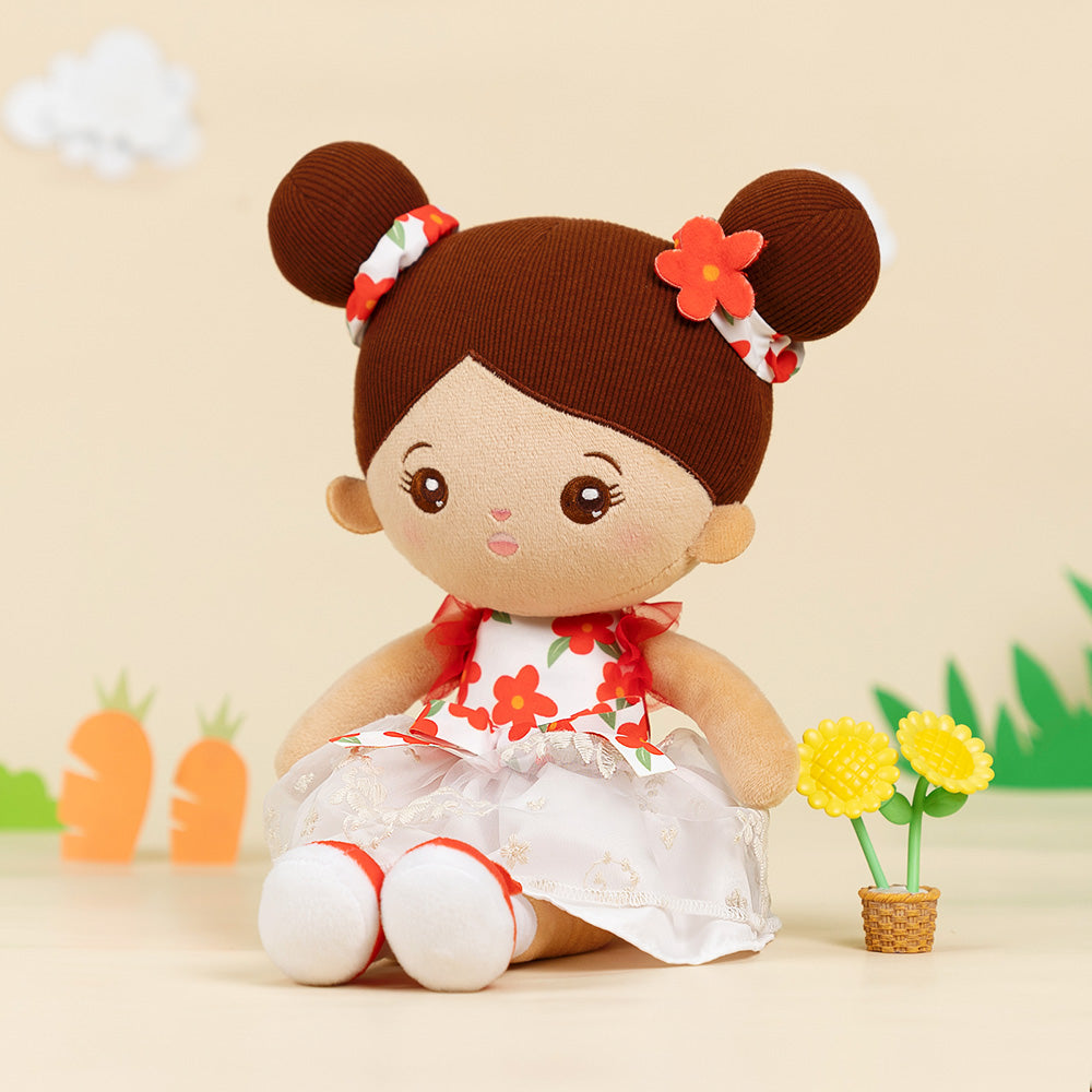 Personalized Brown Skin Tone White Floral Dress Plush Baby Girl Doll