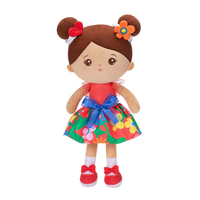 Personalized Brown Skin Tone Red Floral Dress Plush Baby Girl Doll
