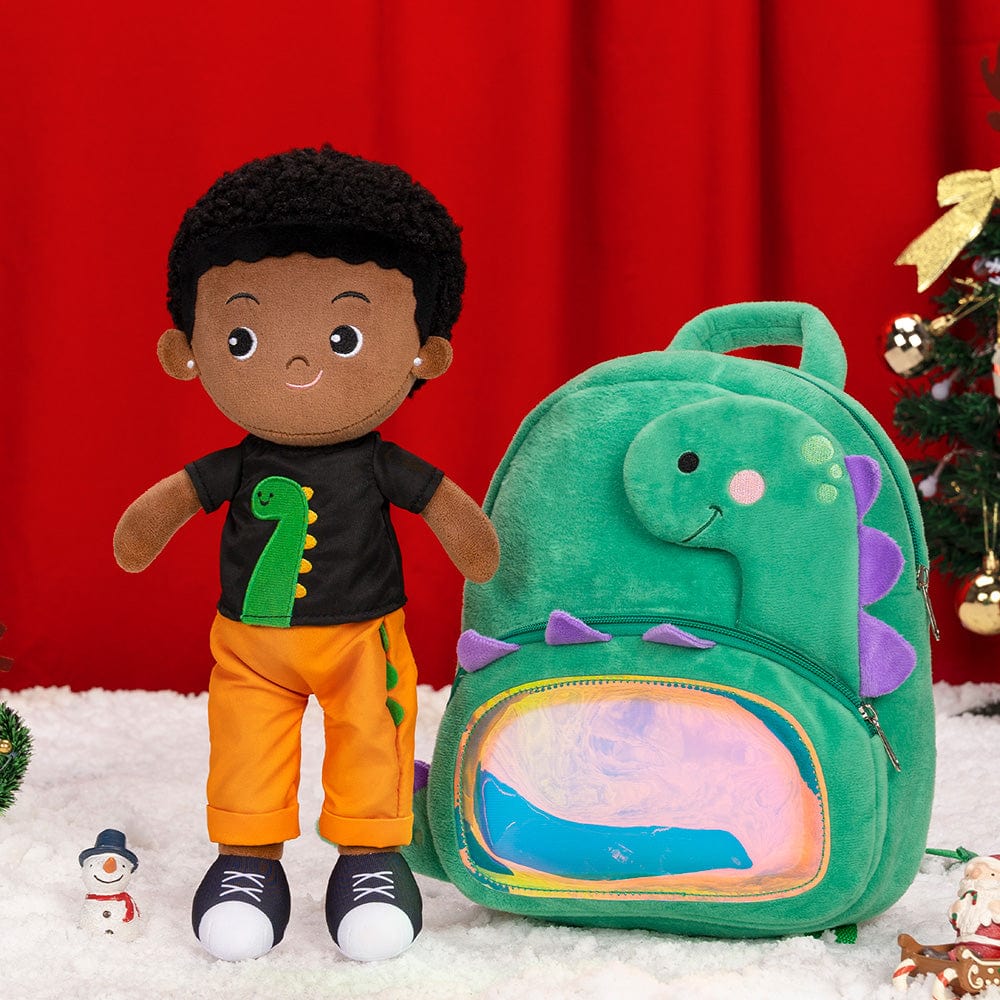 Personalizedoll Christmas Sale - Personalized Baby Doll + Backpack Combo Gift Set Deep Skin Dinosaur Boy Doll / Doll + Backpack