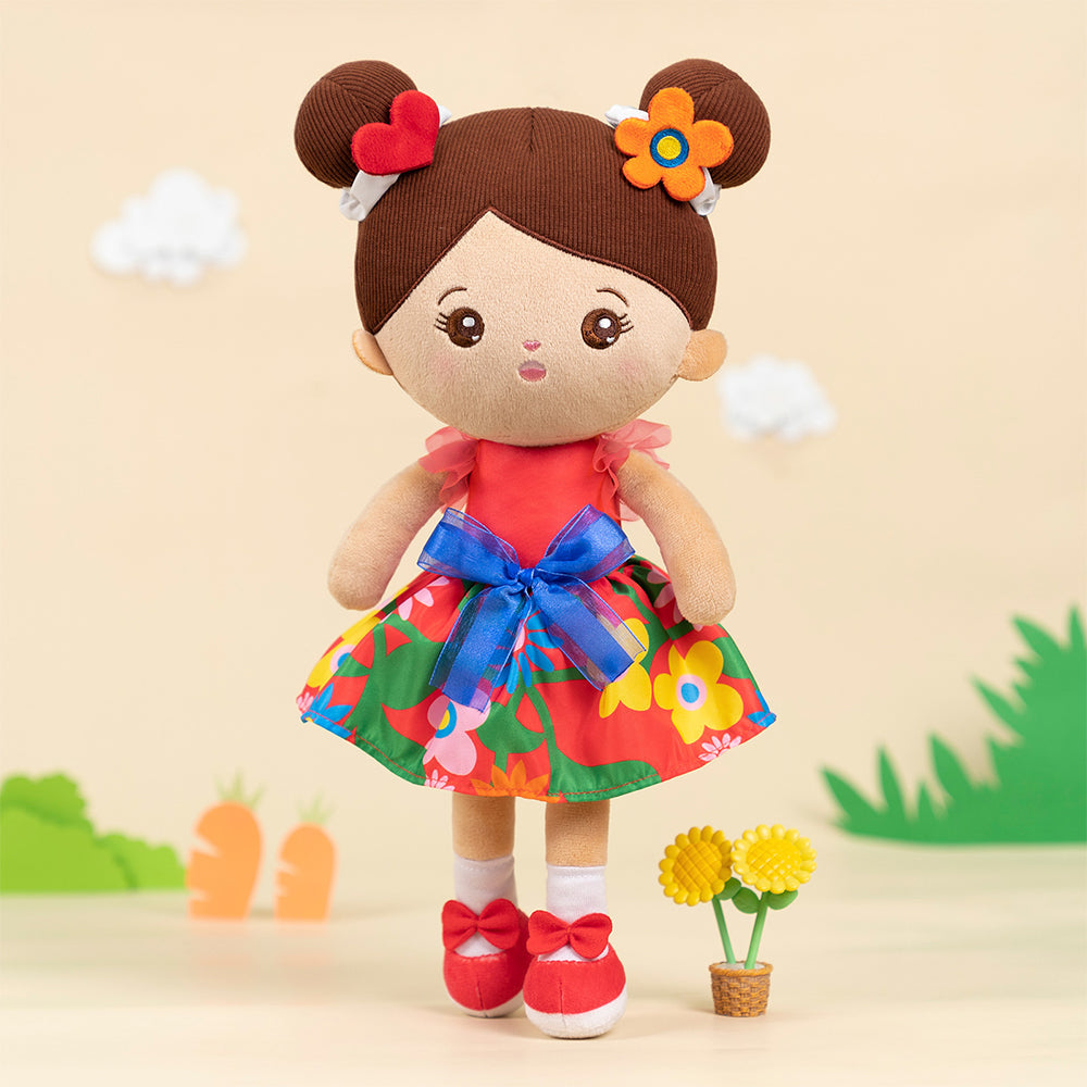 Personalized Brown Skin Tone Red Floral Dress Plush Baby Girl Doll
