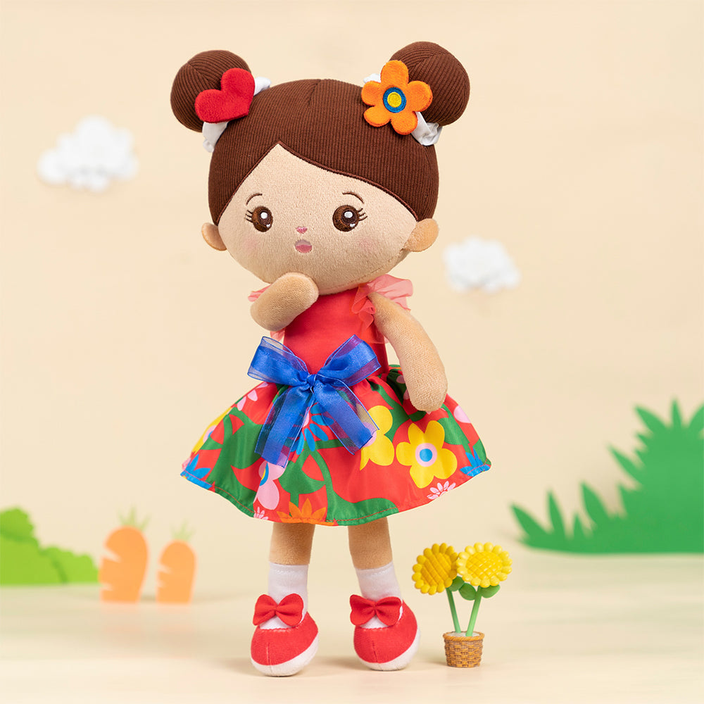 Personalized Brown Skin Tone Red Floral Dress Plush Baby Girl Doll
