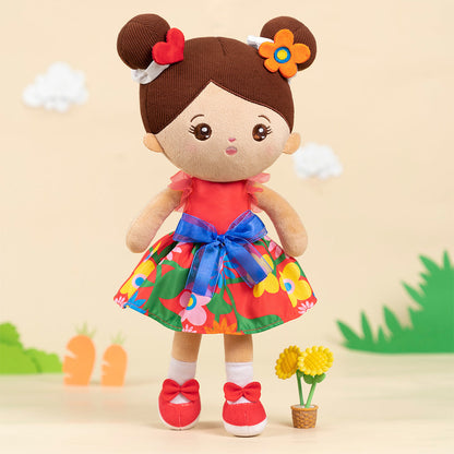 Personalized Brown Skin Tone Red Floral Dress Plush Baby Girl Doll