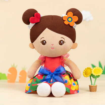 Personalized Brown Skin Tone Red Floral Dress Plush Baby Girl Doll