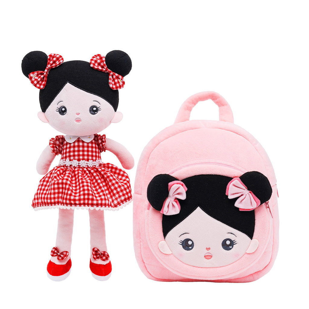 Personalized Red Outfit & Black Hair Girl Doll + Backpack