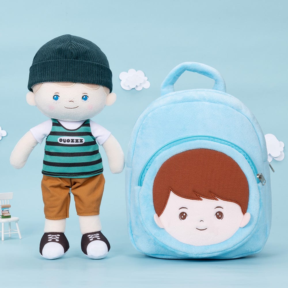Personalized Blue Eyes & Freckle Face Boy Doll + Backpack