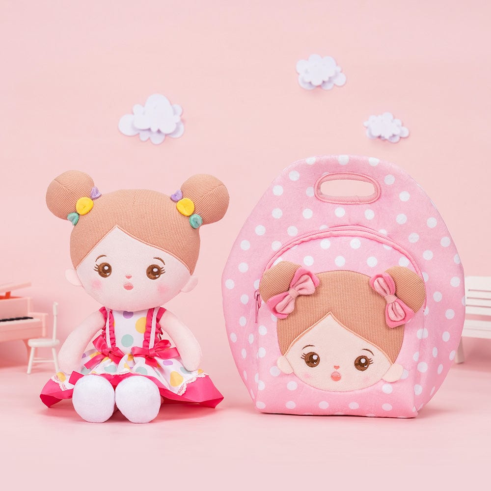 OUOZZZ Personalized Pink Polka Dot Skirt Plush Rag Baby Doll With Lunch Bag🍱