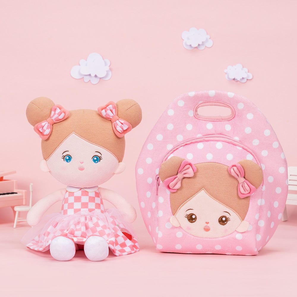 OUOZZZ Personalized Pink Large Lunch Bag + Plush Doll Blue Eyes Pink Abby + Bag