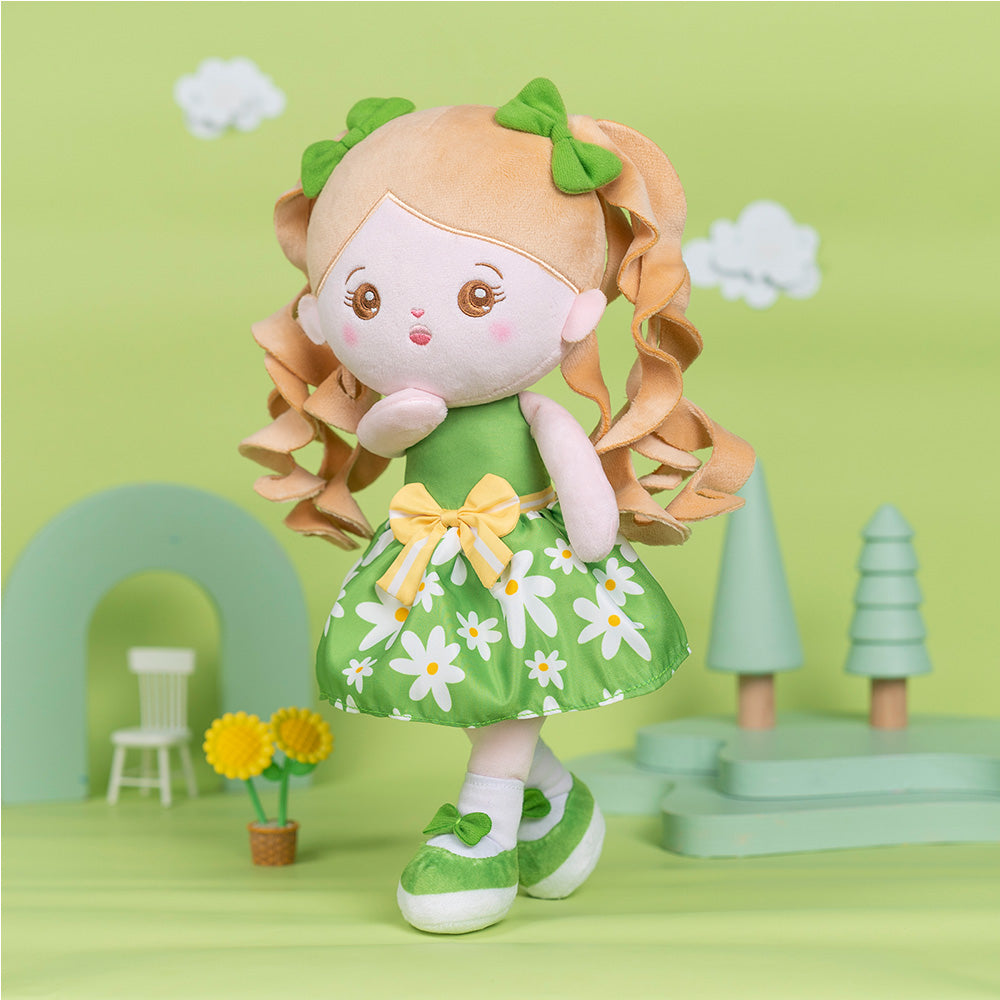 Personalized Green Floral Dress With Braid Plush Baby Girl Doll