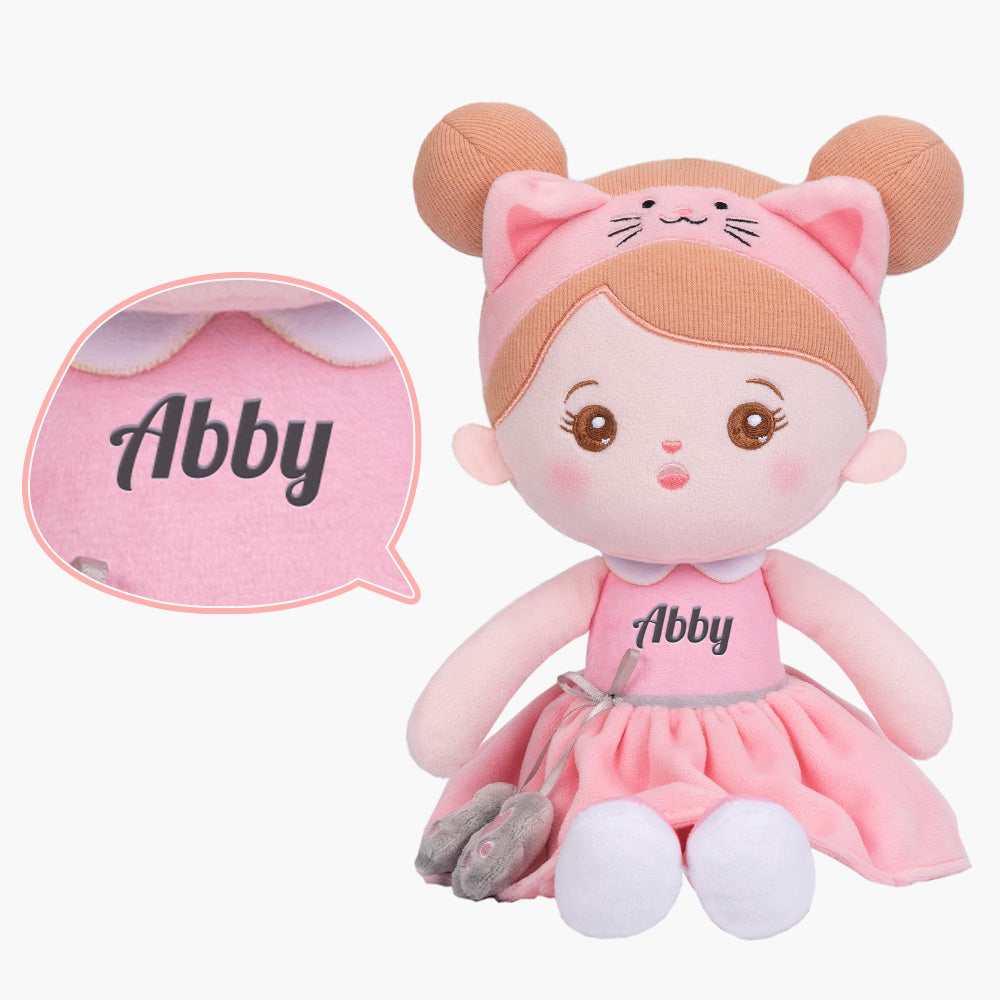 Personalized Pink Cat Girl Doll + Cloth Basket Gift Set