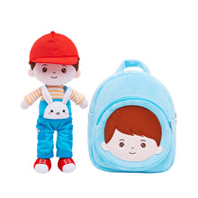 Load image into Gallery viewer, Personalized Rabbit Overalls Plush Baby Boy Doll + Backpack