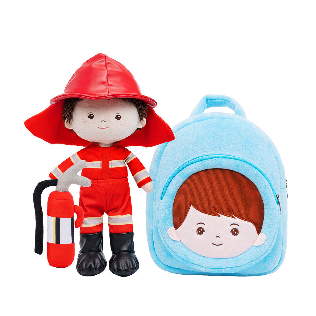 Personalized Firemen Plush Baby Boy Doll + Backpack