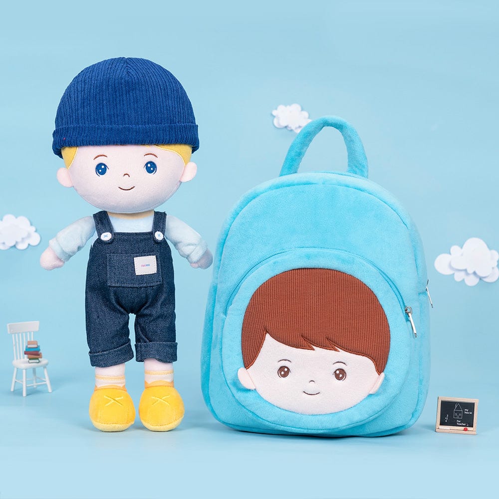 OUOZZZ Personalized Blonde & Blue Eyes Boy Doll With Backpack