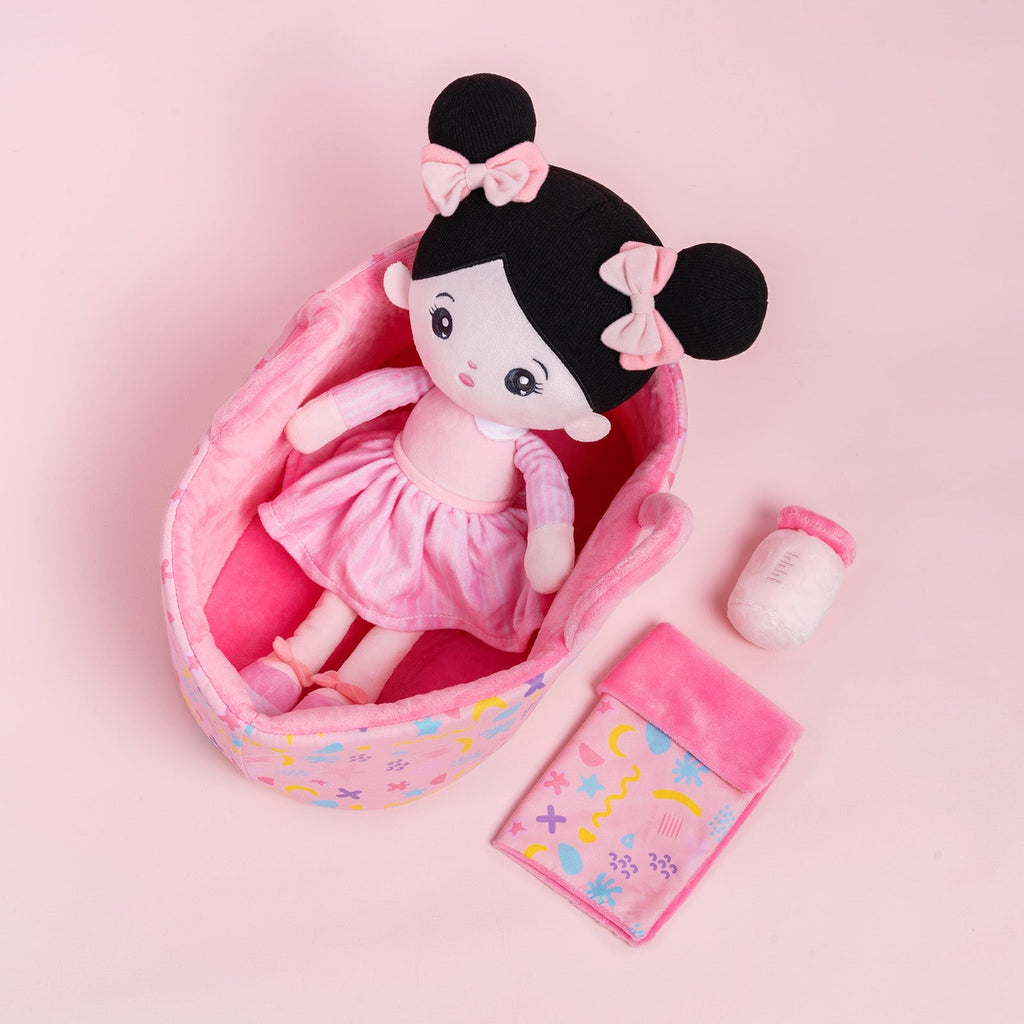 Personalized Black Hair Girl Doll + Cloth Basket Gift Set
