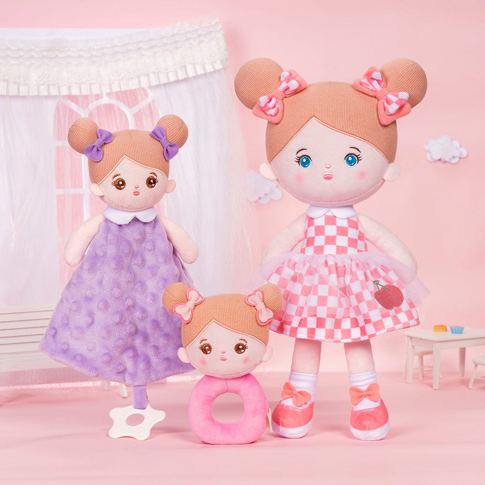 OUOZZZ Personalized Pink Blue Eyes Girl Plush Rag Baby Doll With Rattle & Towel🔔