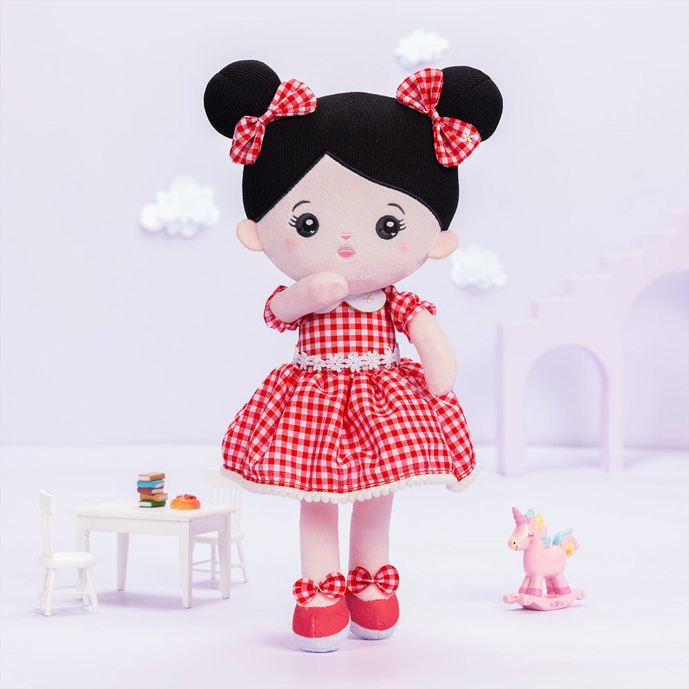 Personalizedoll Personalized Black Hair Red Plaid Dress Plush Baby Girl Doll