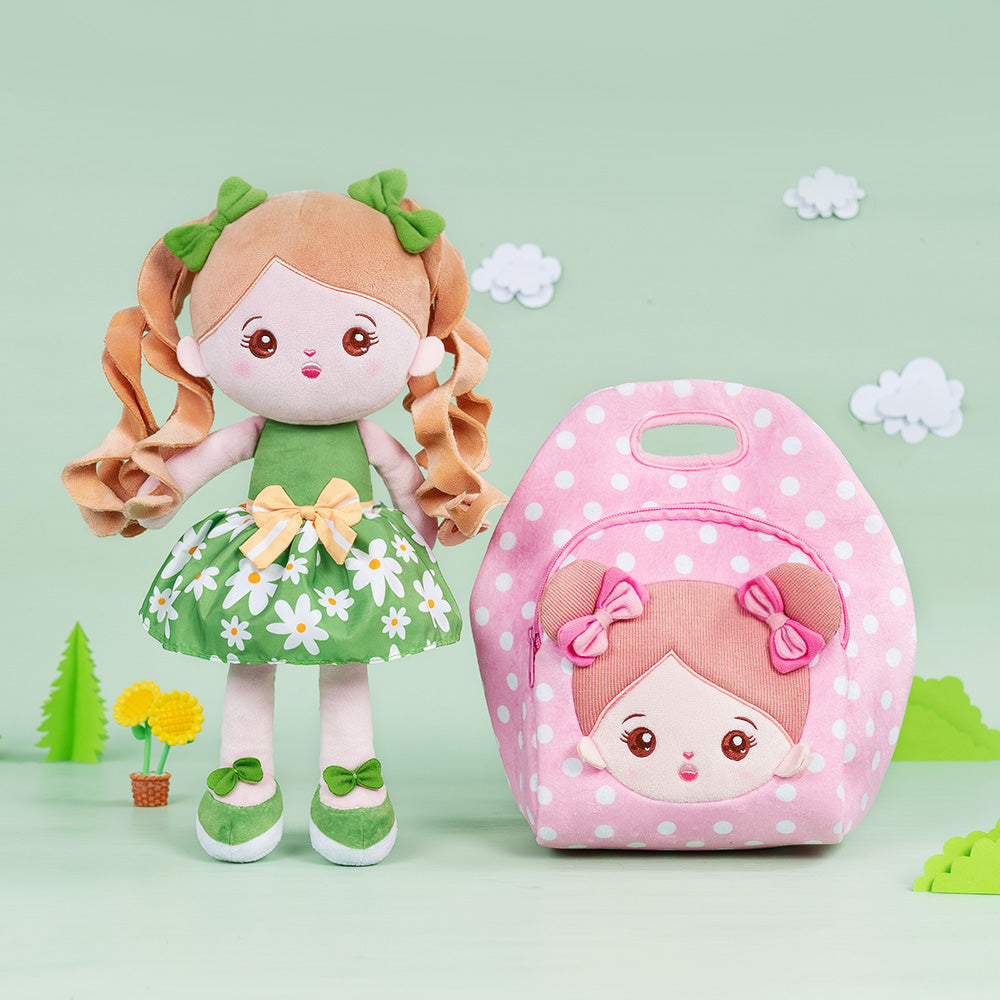Personalized Green Floral Dress With Braid Plush Baby Girl Doll