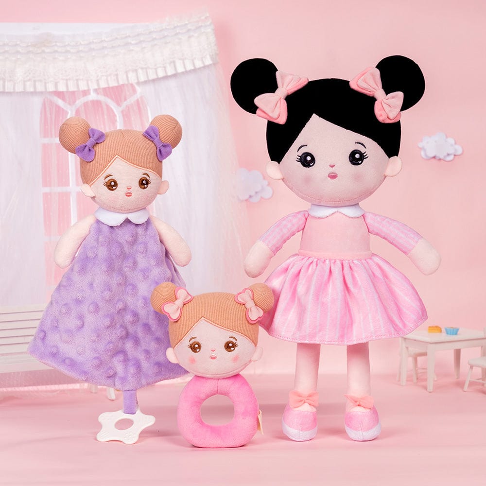 OUOZZZ Personalized Pink Black Hair Baby Doll With Rattle & Towel🔔