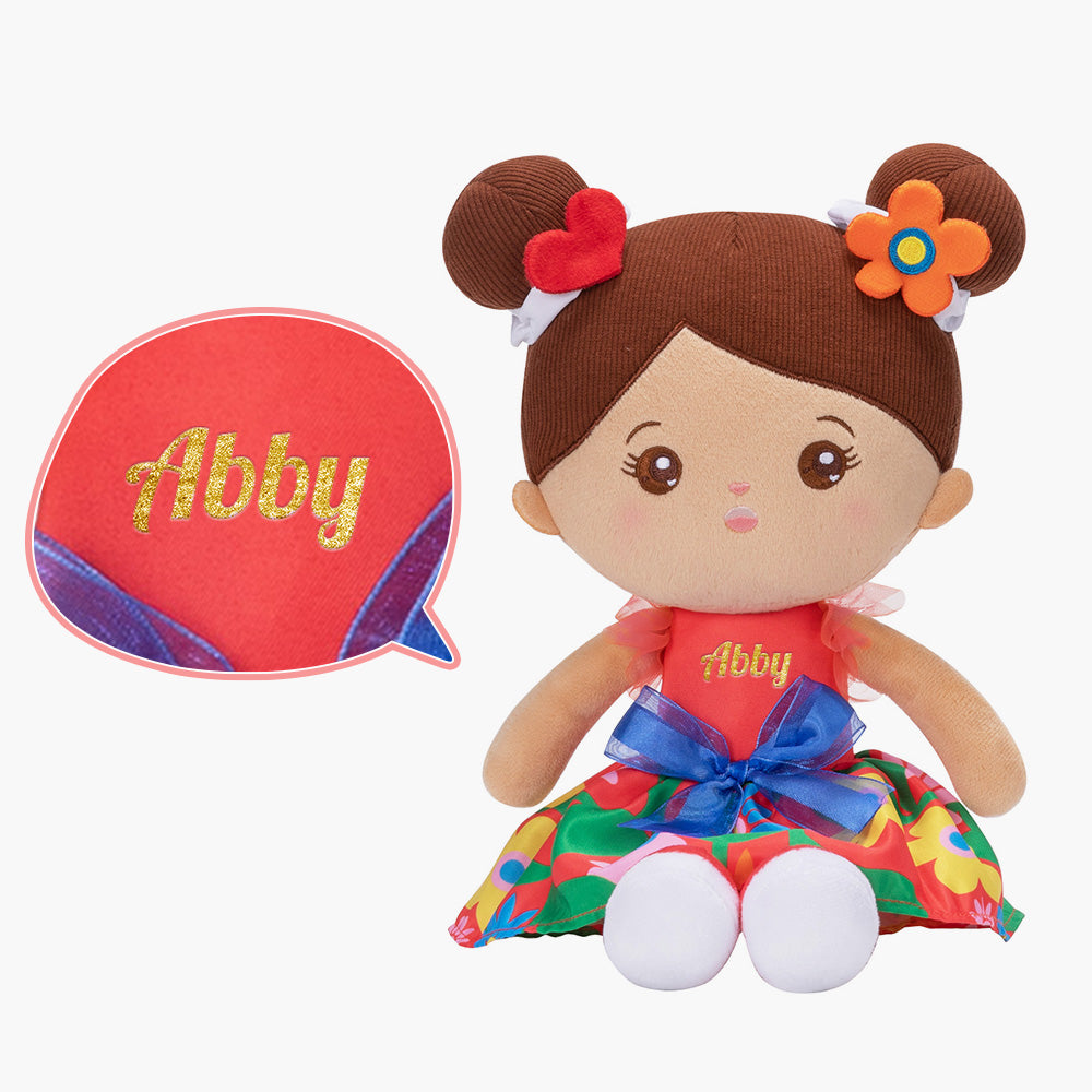 Personalized Brown Skin Tone Red Floral Dress Plush Baby Girl Doll