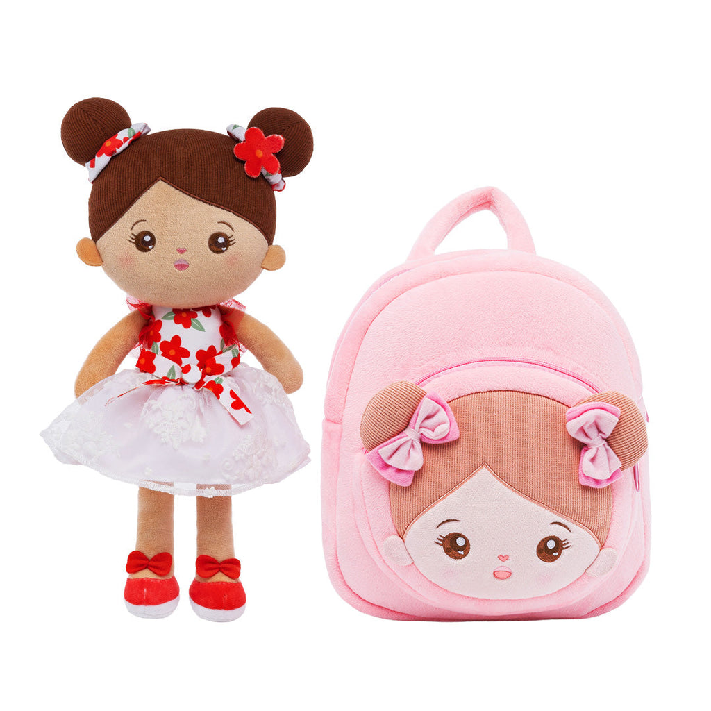 Personalized Brown Skin Tone White Floral Dress Doll + Backpack