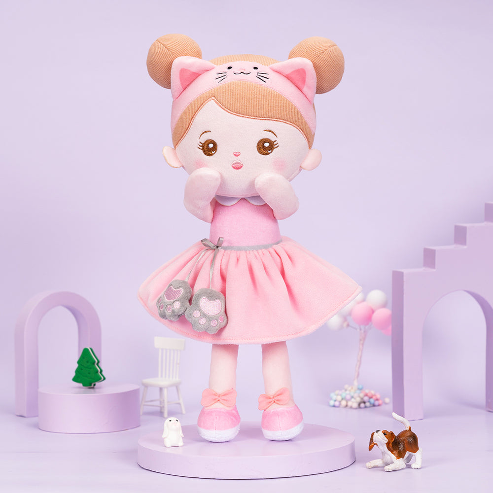 Personalized Pink Cat Girl Doll + Cloth Basket Gift Set