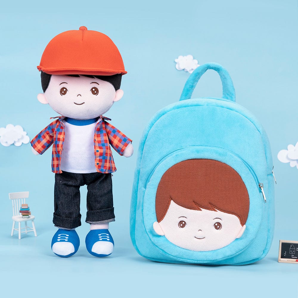 Personalized Plaid Jacket Plush Baby Boy Doll + Backpack