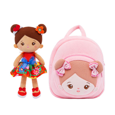 Personalized Brown Skin Red Flower Girl Doll + Backpack