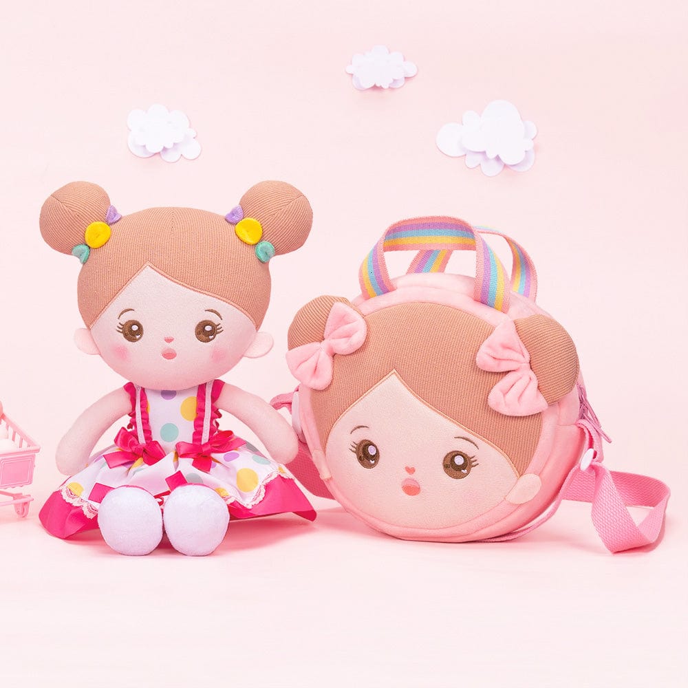 OUOZZZ Personalized Pink Polka Dot Skirt Plush Rag Baby Doll With Shoulder Bag👜