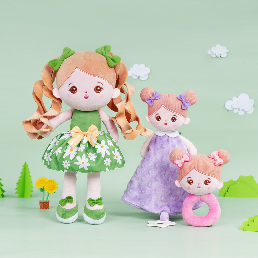 Personalized Green Floral Dress With Braid Plush Baby Girl Doll