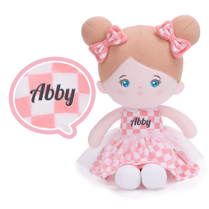 Personalized Pink Plaid Skirt Girl Doll + Cloth Basket Gift Set