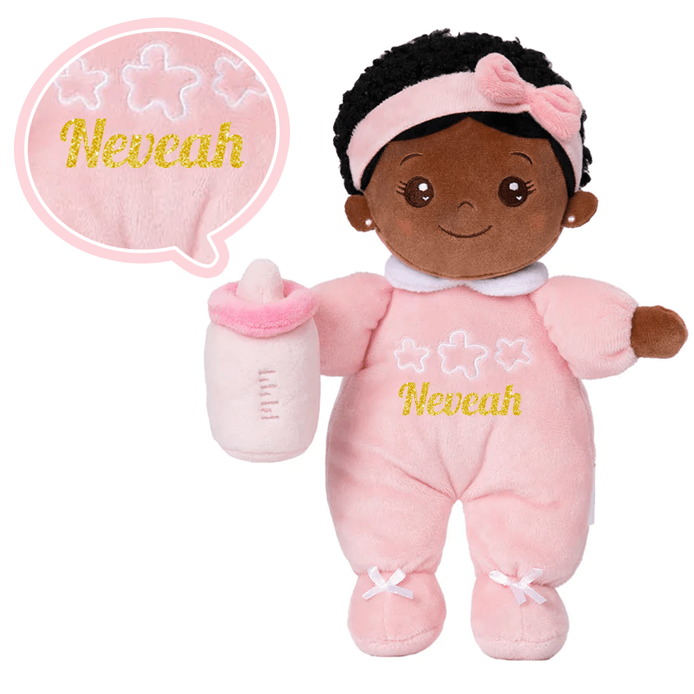 OUOZZZ Personalized Mini Plush Baby Girl Doll & Gift Set Deep Skin Tone doll / With Bottle