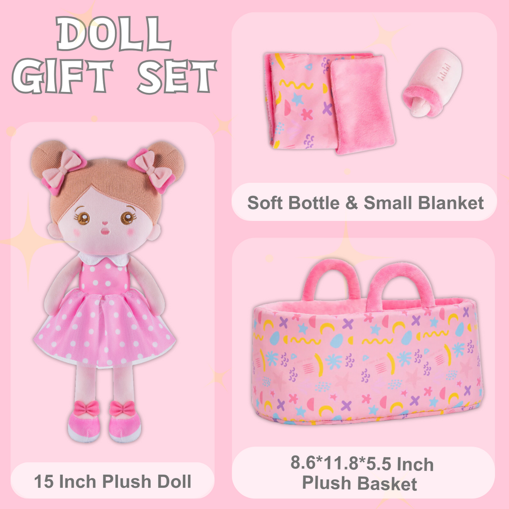 Personalized Abby Pink Girl Doll + Cloth Basket Gift Set