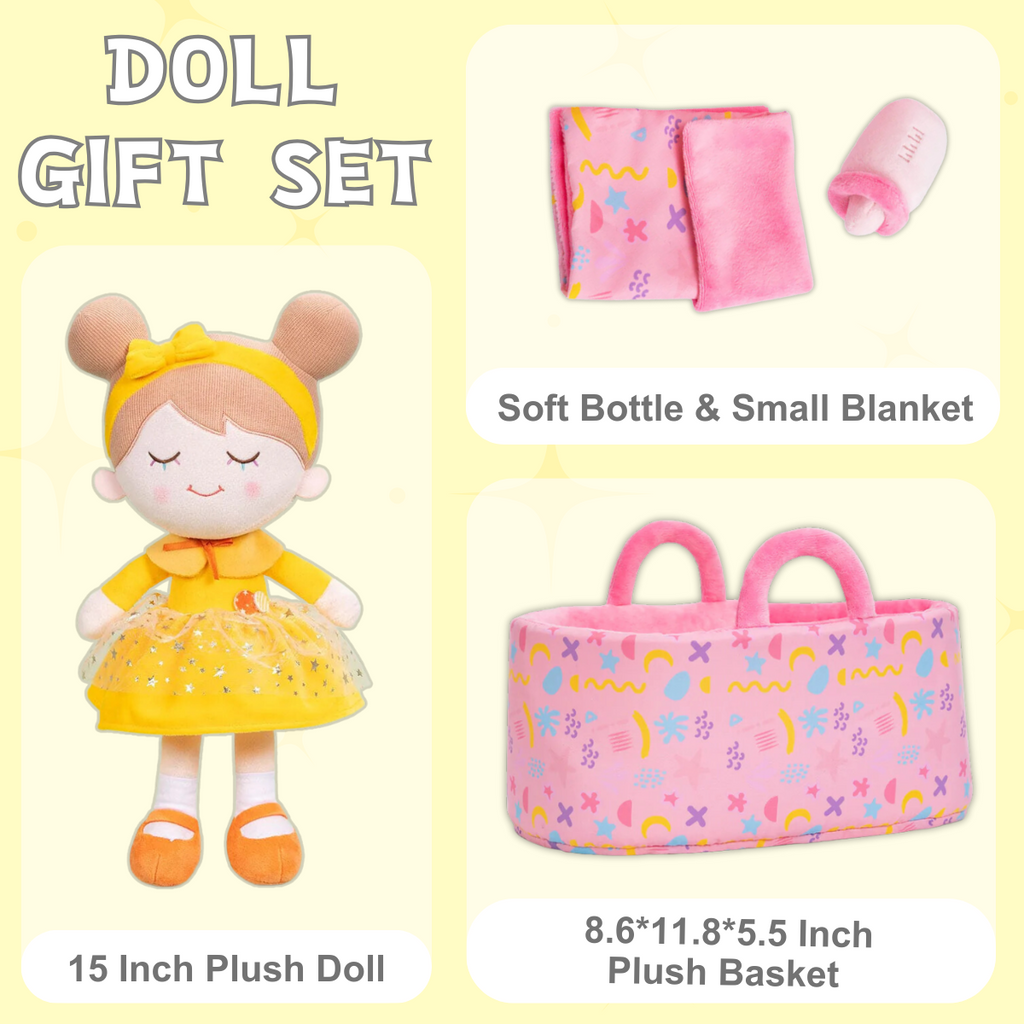 Personalized Thanksgiving Day Yellow Dress Girl Doll + Cloth Basket Gift Set