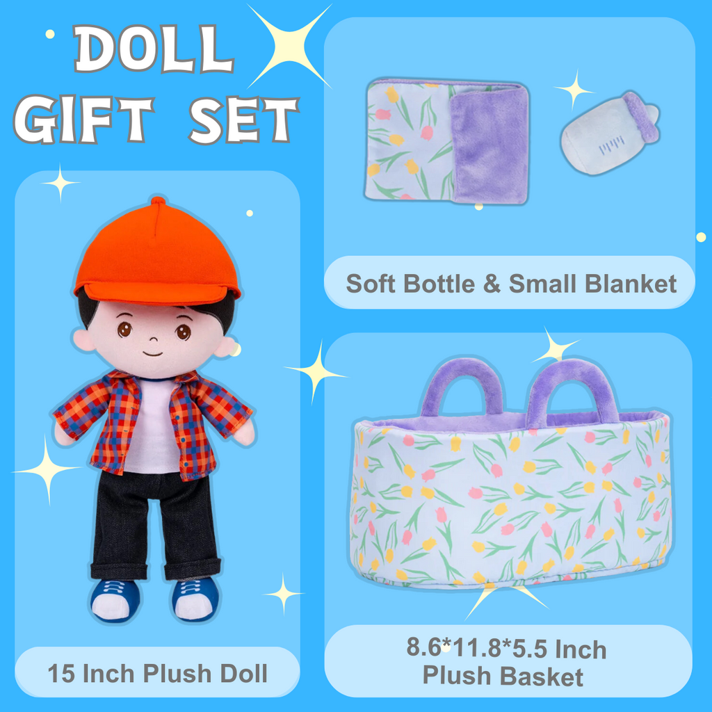 Personalized Black Hair Boy Doll + Cloth Basket Gift Set
