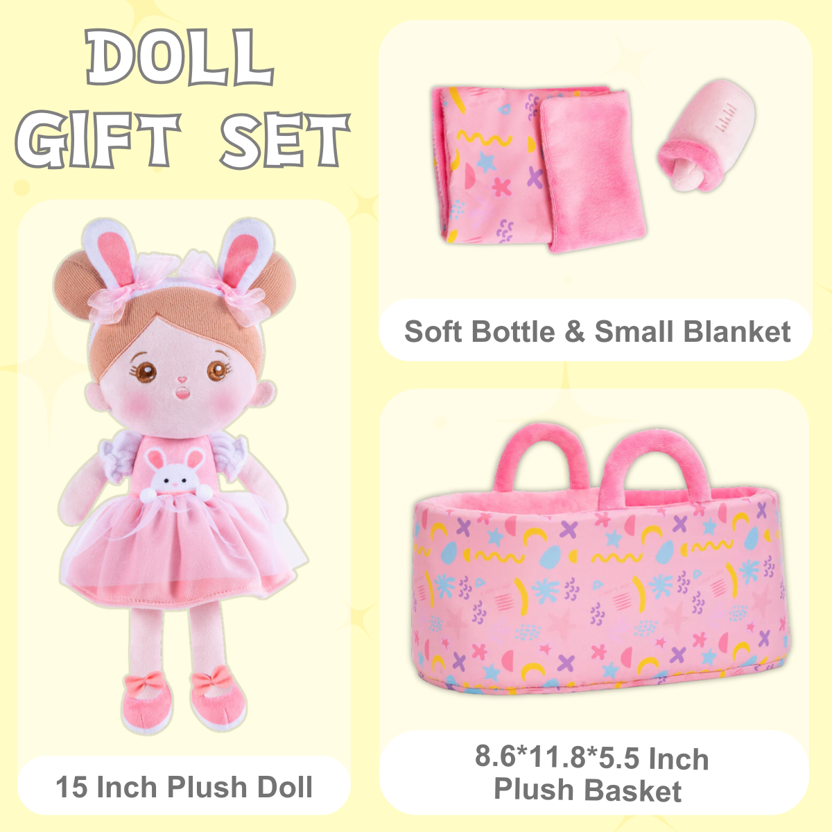 Personalized Pink Rabbit Girl Doll + Cloth Basket Gift Set